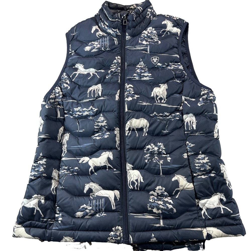 Ariat Ideal Down Vest Women Medium Navy Blue Allover Horse Print Puffer Gilet